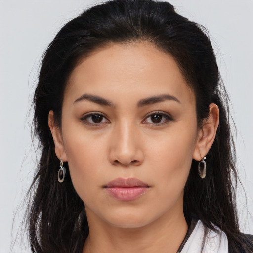 Neutral asian young-adult female with long  brown hair and brown eyes