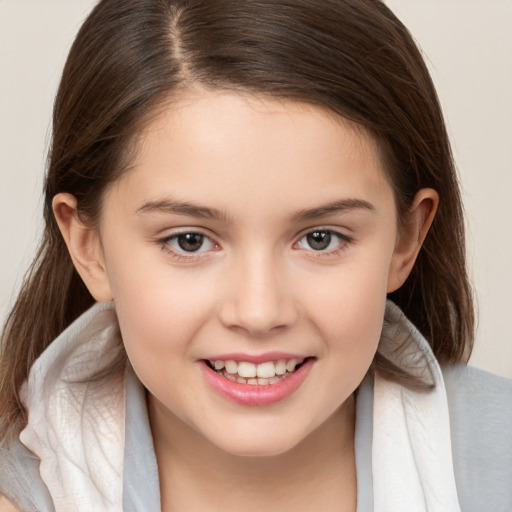 Joyful white child female with medium  brown hair and brown eyes