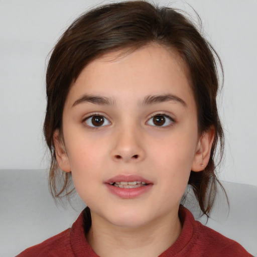 Joyful white child female with medium  brown hair and brown eyes