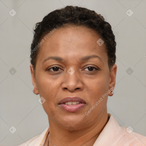Joyful black adult female with short  brown hair and brown eyes