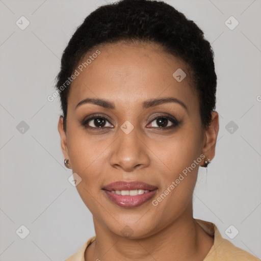 Joyful latino young-adult female with short  brown hair and brown eyes