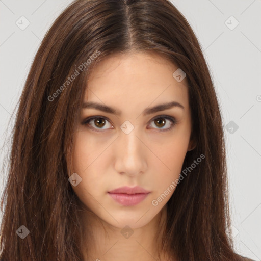 Neutral white young-adult female with long  brown hair and brown eyes