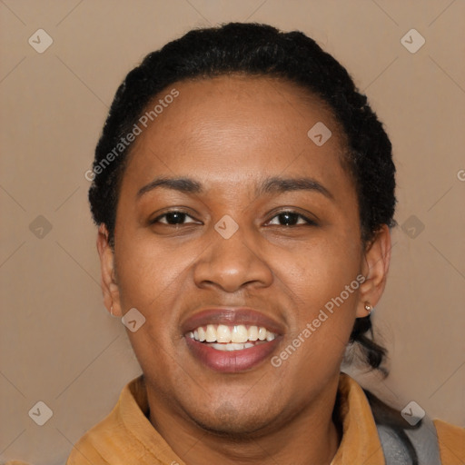 Joyful latino young-adult female with short  black hair and brown eyes