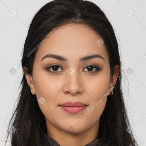 Joyful latino young-adult female with long  brown hair and brown eyes