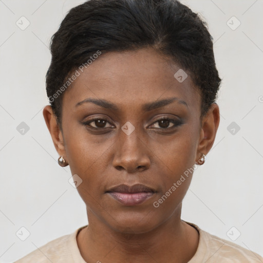 Neutral black young-adult female with short  brown hair and brown eyes