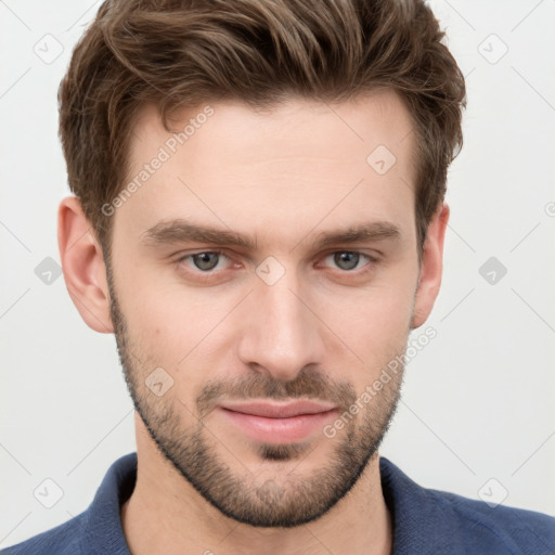 Neutral white young-adult male with short  brown hair and grey eyes