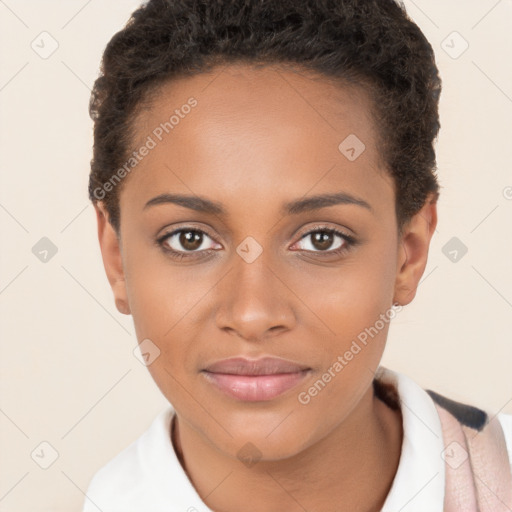 Joyful latino young-adult female with short  brown hair and brown eyes