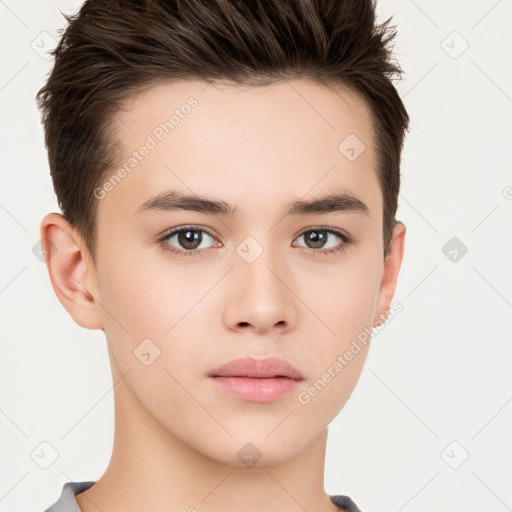 Neutral white young-adult male with short  brown hair and brown eyes