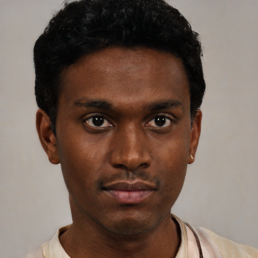 Neutral black young-adult male with short  black hair and brown eyes