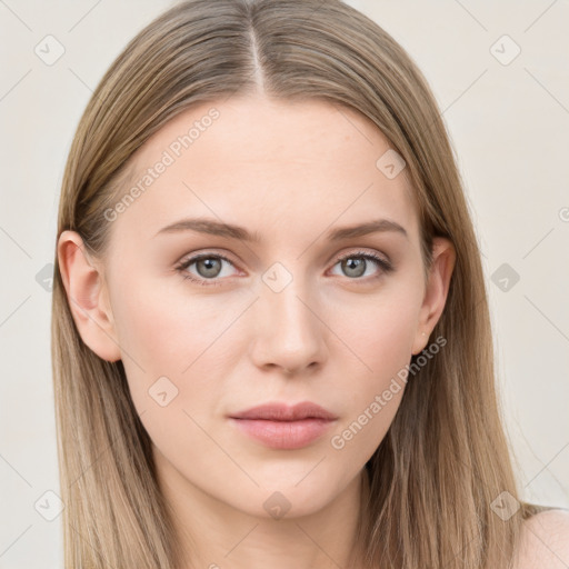 Neutral white young-adult female with long  brown hair and grey eyes