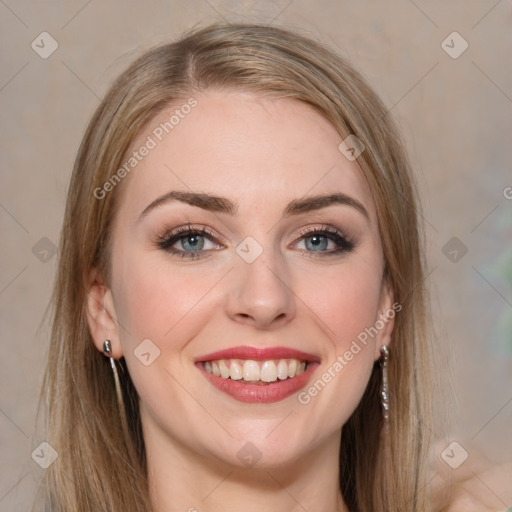 Joyful white young-adult female with long  brown hair and grey eyes