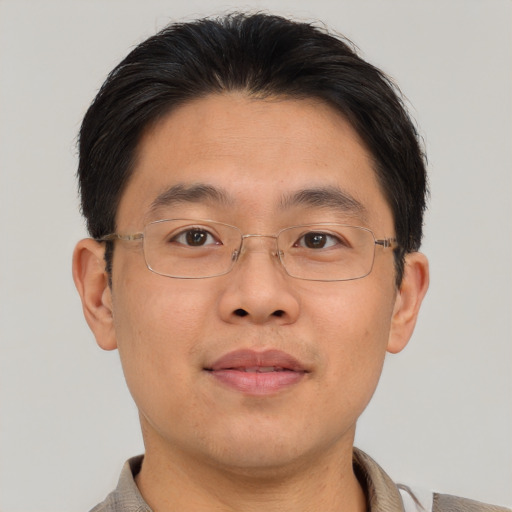 Neutral asian adult male with short  brown hair and brown eyes