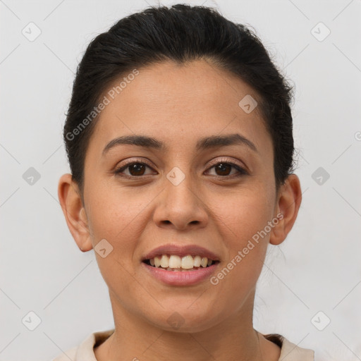 Joyful white young-adult female with short  brown hair and brown eyes