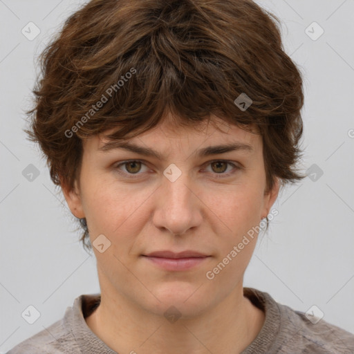 Neutral white young-adult female with short  brown hair and brown eyes