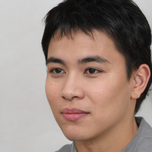 Neutral asian young-adult male with short  black hair and brown eyes