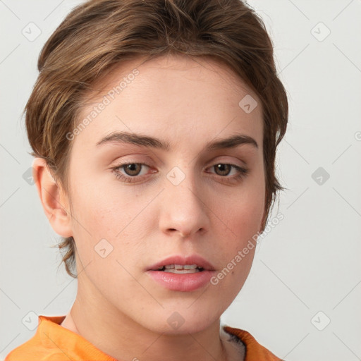 Neutral white young-adult female with short  brown hair and brown eyes