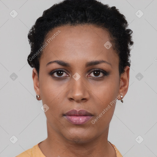 Neutral black young-adult female with short  black hair and brown eyes