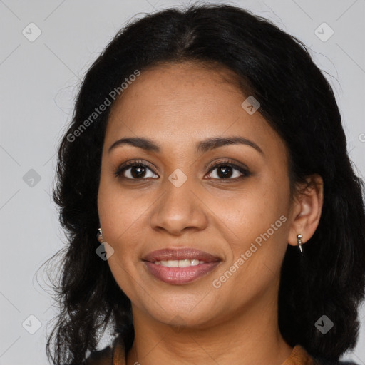 Joyful latino young-adult female with long  brown hair and brown eyes