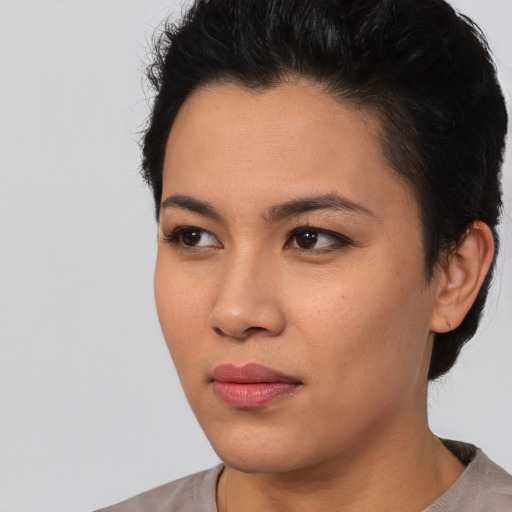Neutral asian young-adult female with short  black hair and brown eyes