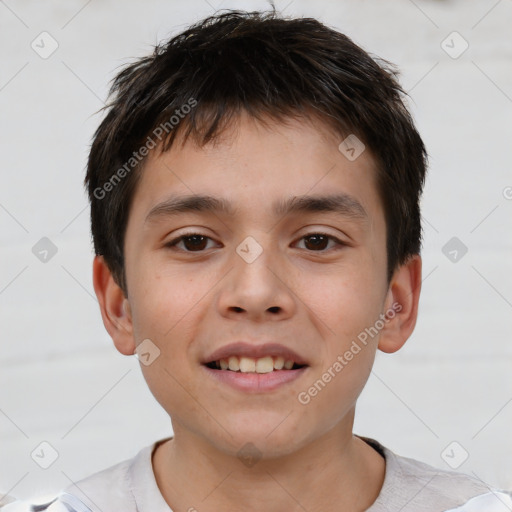 Joyful white child male with short  brown hair and brown eyes