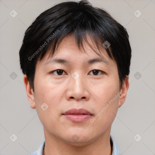 Neutral asian adult male with short  brown hair and brown eyes