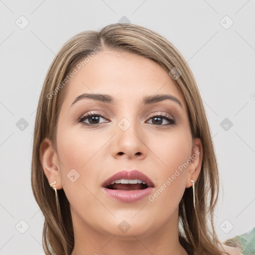 Joyful white young-adult female with long  brown hair and grey eyes