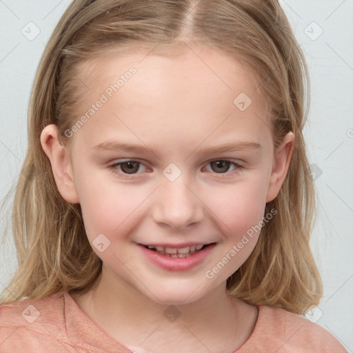 Joyful white child female with medium  brown hair and brown eyes