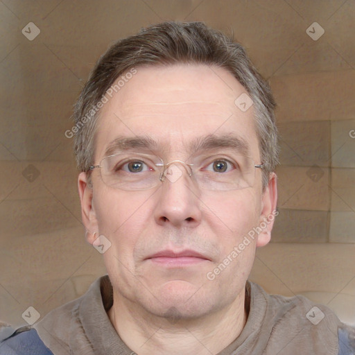 Neutral white adult male with short  brown hair and grey eyes