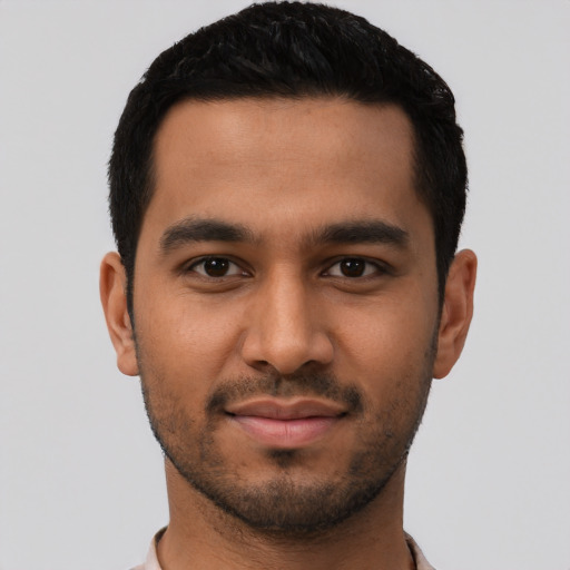 Neutral latino young-adult male with short  black hair and brown eyes