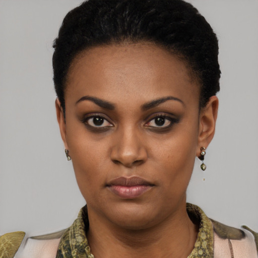 Neutral black young-adult female with short  black hair and brown eyes