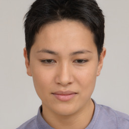 Joyful asian young-adult female with short  brown hair and brown eyes