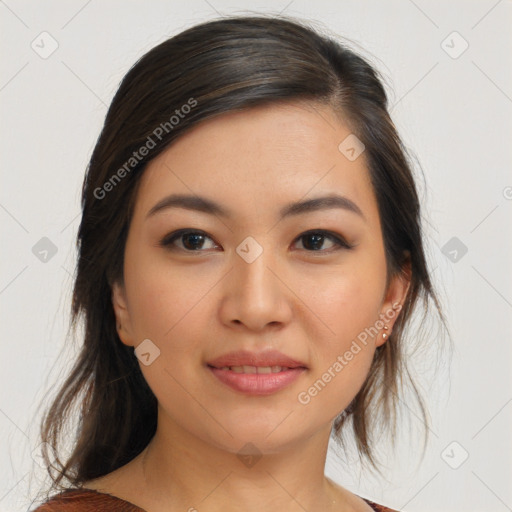 Joyful asian young-adult female with medium  brown hair and brown eyes