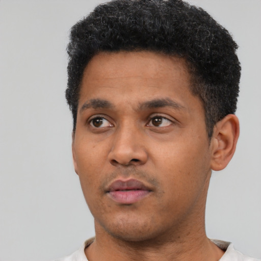 Neutral black young-adult male with short  black hair and brown eyes