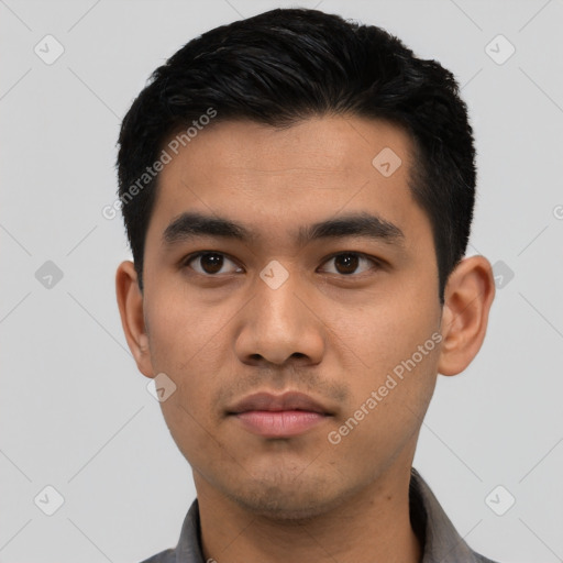 Neutral asian young-adult male with short  black hair and brown eyes