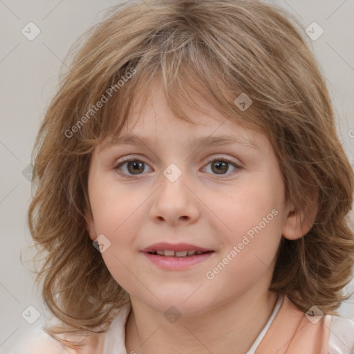 Joyful white child female with medium  brown hair and brown eyes