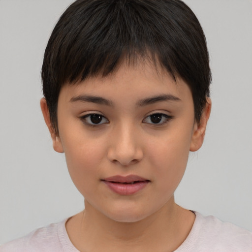 Joyful asian child female with short  brown hair and brown eyes