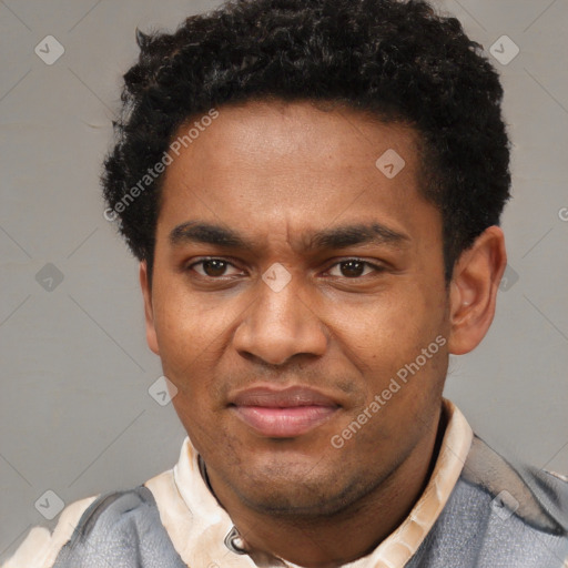 Joyful latino young-adult male with short  brown hair and brown eyes