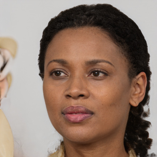 Neutral black adult female with medium  black hair and brown eyes