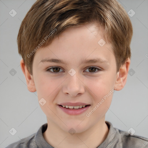 Joyful white child male with short  brown hair and brown eyes