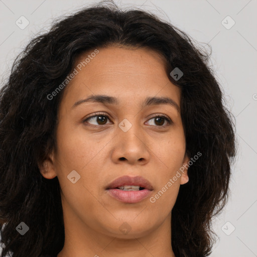 Joyful asian young-adult female with long  brown hair and brown eyes