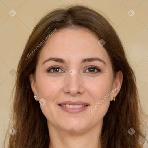 Joyful white young-adult female with long  brown hair and grey eyes