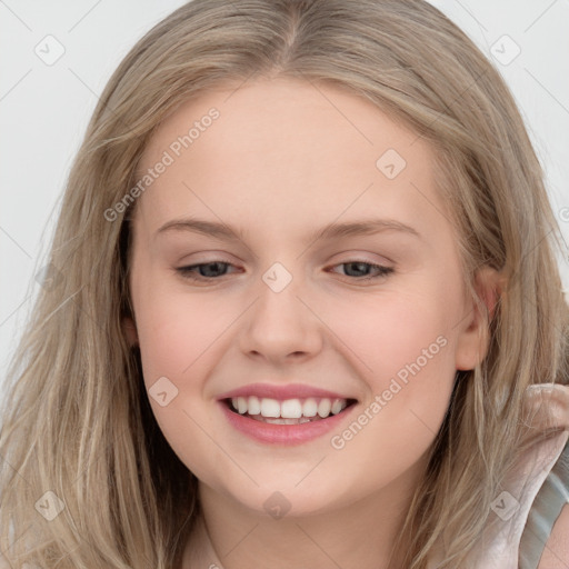 Joyful white young-adult female with long  brown hair and grey eyes