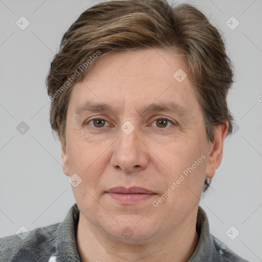 Joyful white adult male with short  brown hair and grey eyes