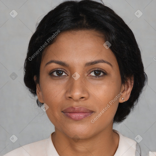 Joyful latino young-adult female with medium  black hair and brown eyes