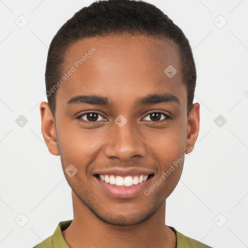 Joyful black young-adult male with short  brown hair and brown eyes