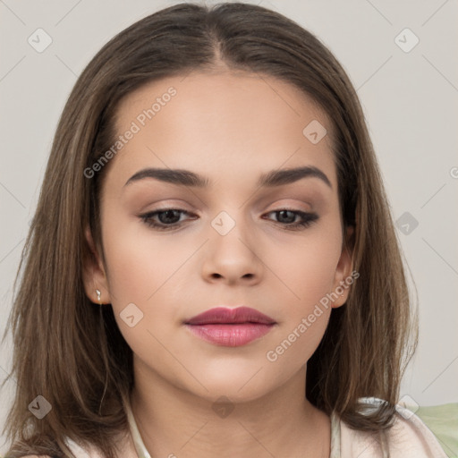 Neutral white young-adult female with long  brown hair and brown eyes