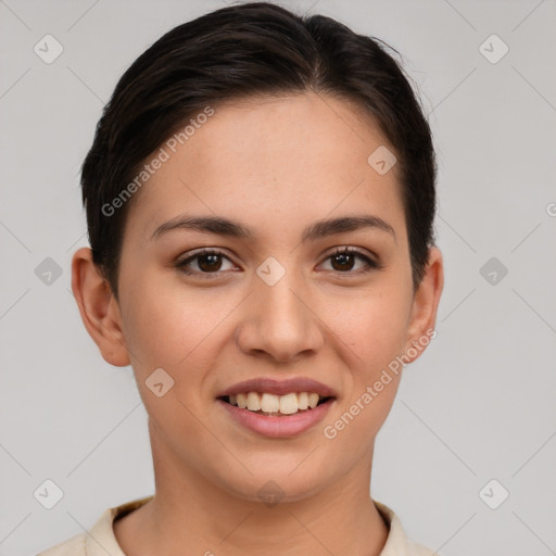 Joyful white young-adult female with short  brown hair and brown eyes