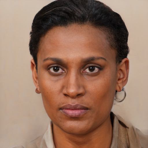 Neutral black young-adult female with short  brown hair and brown eyes