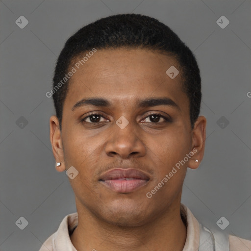 Neutral latino young-adult male with short  brown hair and brown eyes