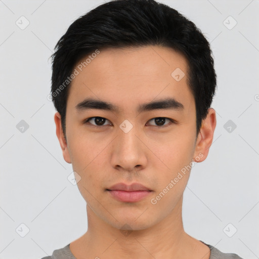 Neutral asian young-adult male with short  black hair and brown eyes